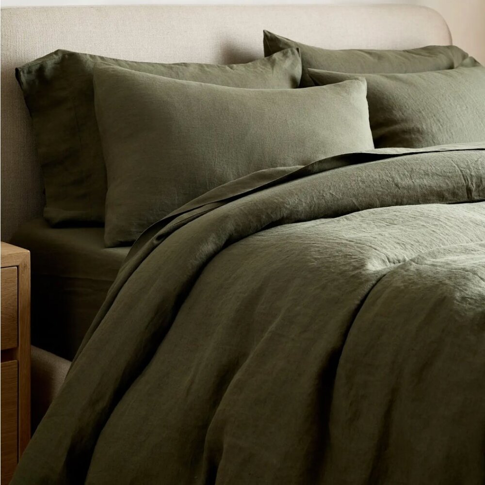 Quince Queen/Full Olive European Linen Duvet Cover